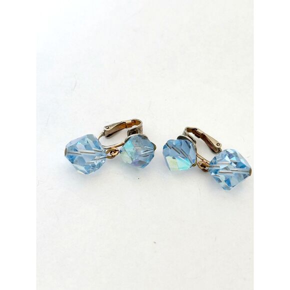 Ice Blue Bead Dangle Clip On Earrings Faceted Crystal Vogue Jewelry - Picture 2 of 5